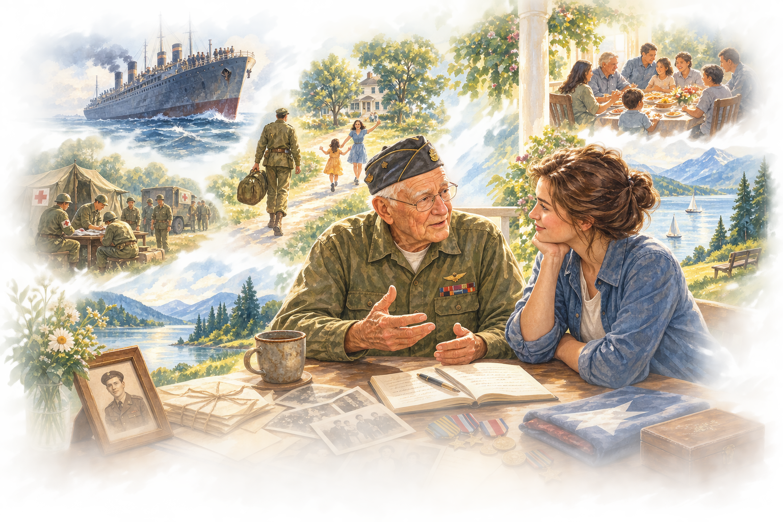 Veteran sharing military service memories with a younger family member